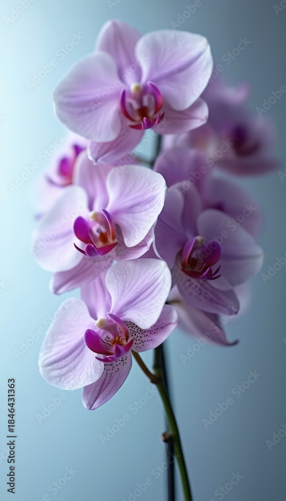 Naklejka premium Close view of pale purple orchids on stem. Soft pink and magenta centers. Delicate flower blooms against soft blue background. Gentle lighting highlights petal texture and shape.