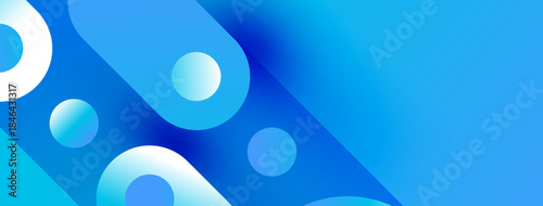 Abstract blue background. Circles overlap, creating dynamic visual effect. Gradient shades offer depth, modern aesthetic.