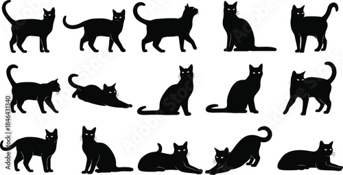 Collection of various black cat silhouettes in different poses