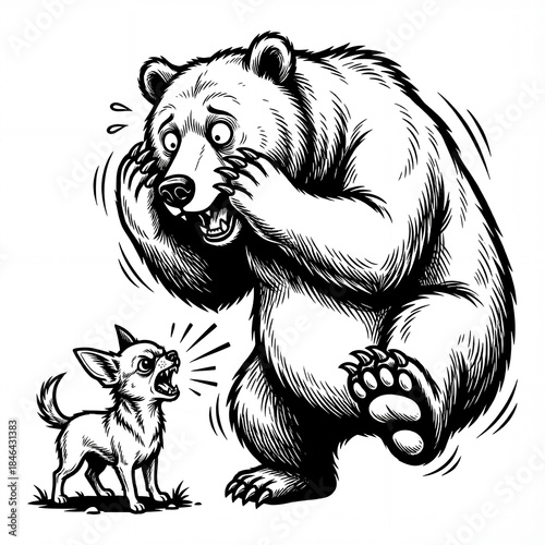 Bear and small dog encounter in a forest