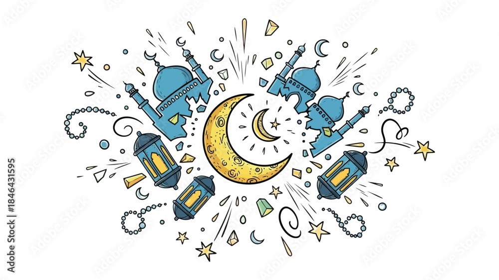 Fototapeta premium Ramadan Celebration in Artistic Harmony: A vibrant illustration depicts the spirit of Ramadan, with ornate lanterns and mosques, all surrounding a luminous crescent moon.