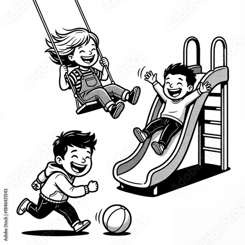 Children play at a park with swings and a slide