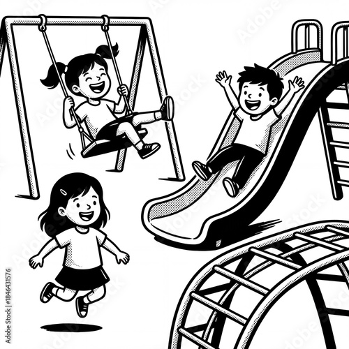 Children playing on swings and slide at a playground
