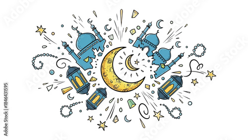 Ramadan Celebration in Artistic Harmony: A vibrant illustration depicts the spirit of Ramadan, with ornate lanterns and mosques, all surrounding a luminous crescent moon.