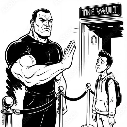 Security guard blocks entry to a club while boy stands in line