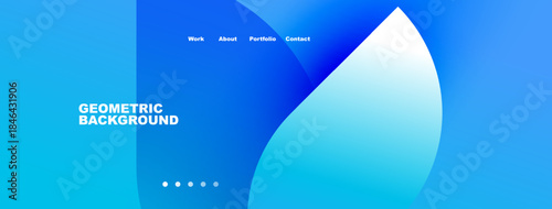 Blue gradient background with geometric shapes. Navigation menu present, text reads geometric background. Dots indicate sections.