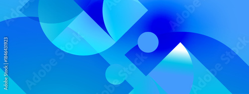 Abstract blue shapes overlap, creating fluid dynamic composition. Light gradients suggest depth, movement, modern aesthetic.