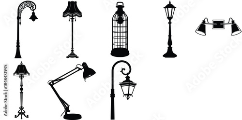 A collection of diverse lighting fixture silhouettes including street lamps, floor lamps, and spotlights