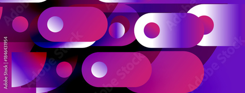 Abstract shapes overlap, creating vibrant purple, pink, blue gradients. Modern design, dynamic composition, smooth transitions present.