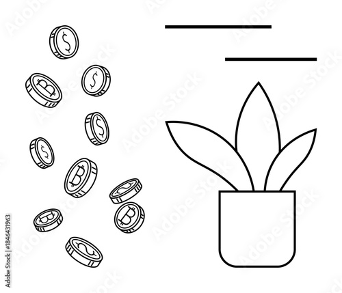 Falling coins symbolize financial growth paired with a potted plant for sustainability and investment themes. Ideal for finance, savings, income management, growth, sustainability, economy, business