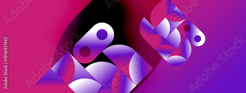 Abstract shapes, vibrant purple hues dominate design. Gradient background creates dynamic visual effect. Modern, sleek composition.