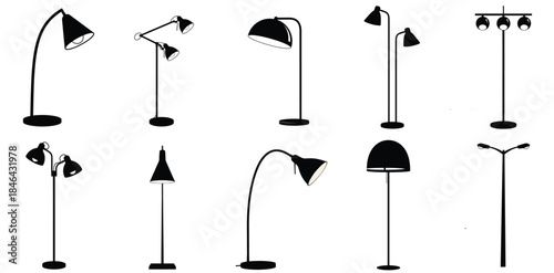 A comprehensive collection of diverse floor lamps and outdoor street lighting fixtures in black silhouette