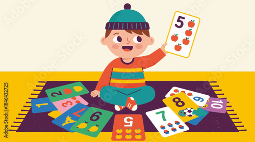 Happy child learning numbers with colorful educational cards