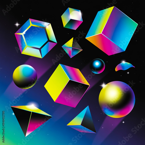 Abstract 3D Geometric Shapes with Neon Gradient Colors