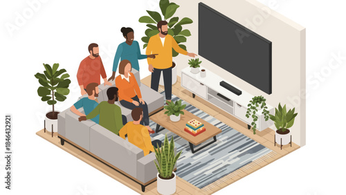 Diverse group of people watching a presentation on a large screen.