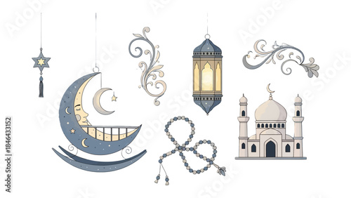 Islamic ornaments set: a collection of cultural icons is elegantly arranged, each element showcasing the rich heritage. It includes the moon, star, lantern, mosque, and beads
