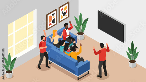 Friends Gathered Watching Television Together in Living Room.