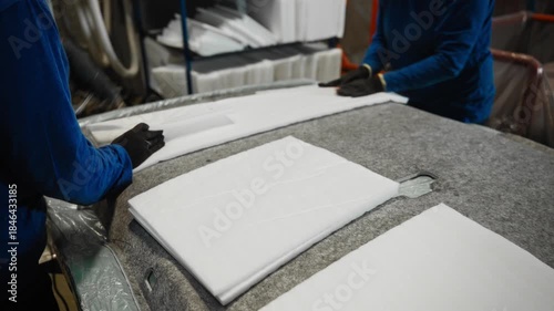 Focused Assembly Technician Carefully Installs Foam Panels Onto Fabric In Manufacturing Environment