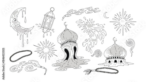 Islamic Art: Hand-drawn illustrations of traditional Islamic symbols, including ornate mosque domes, crescent moons, lanterns, and prayer beads, offering a glimpse into Islamic culture and heritage.
