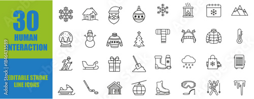 Comprehensive Winter Icon Set Featuring Snow, Snowflakes, Cold Weather, Skiing, Christmas, Santa Claus, Icicles, Snowman, Sleigh, Sweater, Ice Skates, Snowboard, Mittens, and Hot Cocoa, Editable Line 