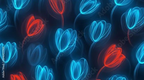 Vibrant array of floating red and blue heart shapes against dark backdrop hearts in vibrant red and cool blue hues adrift on a stark black canvas.
