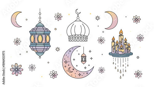 Elegant Festive Collection: An artistic composition of traditional lanterns, crescent moons, and other festive symbols of the occasion, designed with detailed lines and gentle color.