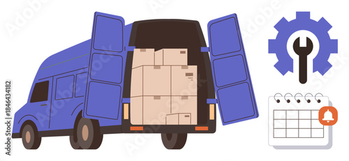 Delivery van loaded with boxes, open doors, calendar page with notification icon, gear and wrench. Ideal for logistics, maintenance, scheduling, supply chain, transportation organization