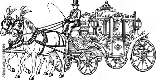 black and white vintage horse carriage illustration for history concept, classic transportation, poster, and education design