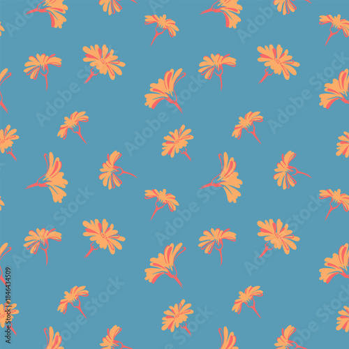 Seamless vector pattern with scattered orange and yellow floral buds on a muted blue background, creating a lively, playful botanical design perfect for textiles, packaging, and decor