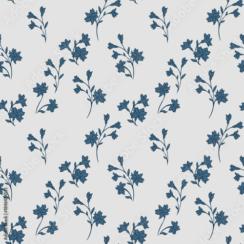 Elegant seamless vector pattern with dark blue floral sprigs on a light background, creating a refined botanical design ideal for textiles, stationery, packaging