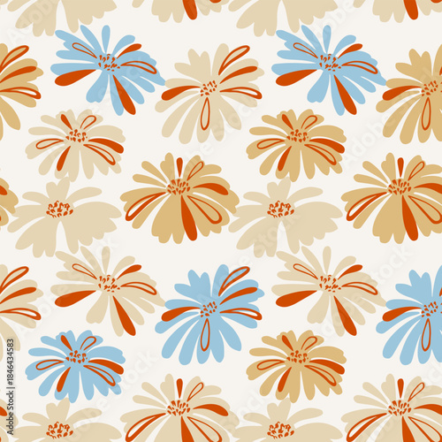 Bold seamless floral vector pattern with expressive beige, orange and blue blossoms on a clean light background, featuring dynamic hand drawn petals, ideal for textiles, packaging