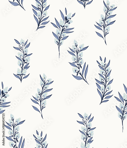 Seamless vector pattern with elegant blue floral stems and soft outlined buds on a light background. A delicate botanical design creating a calm, stylish, and natural decorative look