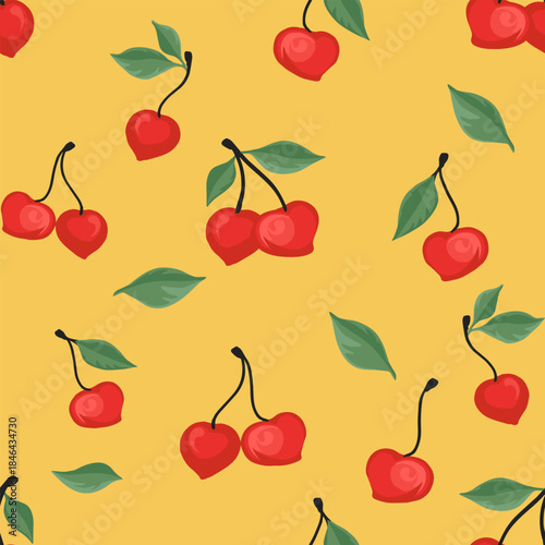 Playful seamless vector pattern with bright red cherries, glossy highlights, and scattered green leaves on a warm yellow background, creating a cheerful fruity design for modern surfaces
