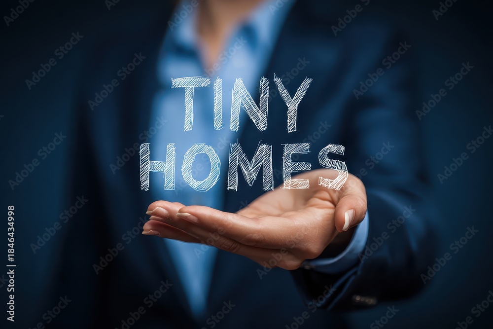 Naklejka premium Conceptual hand presenting tiny homes concept with bold lettering highlighting the tiny homes business opportunity