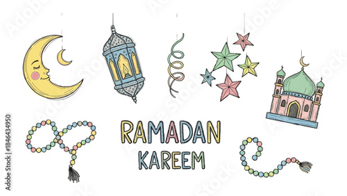 Ramadan Kareem Illustration: Festive illustrations that reflect the joy, peace, and spirituality associated with the holy month. Featuring symbols like crescent moon, lantern, and the mosque.
