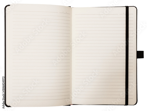 Blank open notebook, hard cover black isolated on white background.