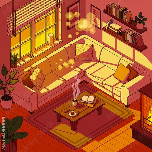 Cozy Isometric Living Room with Warm Sunlight interior