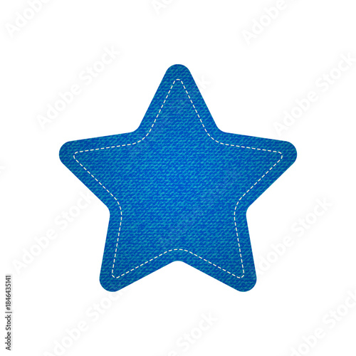 Blue denim star shaped badge or label featuring decorative dashed stitching around the border