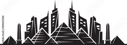Futuristic city skyline with pyramids and abstract geometric buildings in silhouette