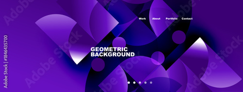 Abstract purple design features flowing shapes, text elements, navigation menu. Modern aesthetic suitable for website header or banner.