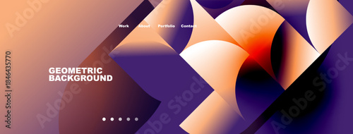Abstract geometric background. Purple, orange hues blend. Navigation menu present. Modern design elements visible. Simple, clean aesthetic.