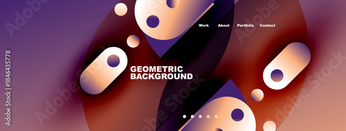 Abstract geometric shapes, purple hues dominate design. Navigation menu present, text reads geometric background. Modern, vibrant aesthetic.