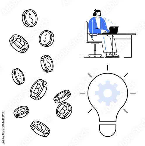 Digital economy focusing on cryptocurrency coins, remote work dynamics, and innovation via a lightbulb symbol. Digital economy include technology, finance, productivity, creativity, and business