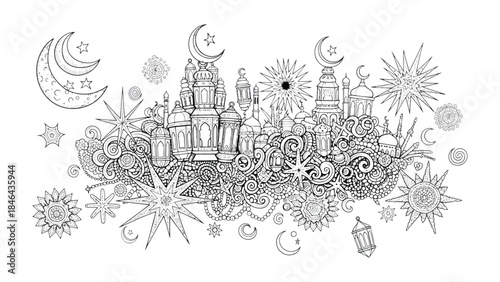 Islamic Illustration: A black and white line art illustration depicts Islamic symbols, including ornate lanterns, crescent moons, and stars. The scene evokes the spirit of celebration and heritage.