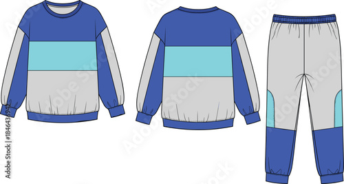 Modern color blocked sweatshirt, stylish sweatpants fashion vector illustration, trendy sportswear outfit design, casual clothing set, athletic apparel concept, isolated front back view