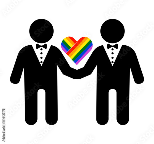 LGBT couple with rainbow heart on white background.