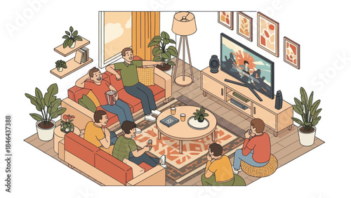 Group of friends gathered watching television together.