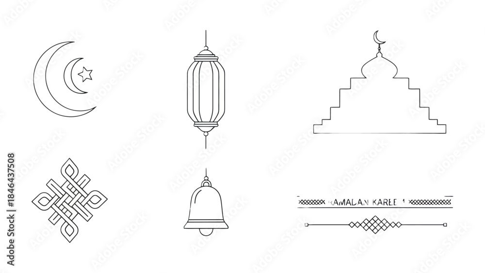 Fototapeta premium Ramadan Icons: Delicate line art representing the core symbols of Ramadan and Islamic celebrations, conveying spirituality, peace, and cultural richness.