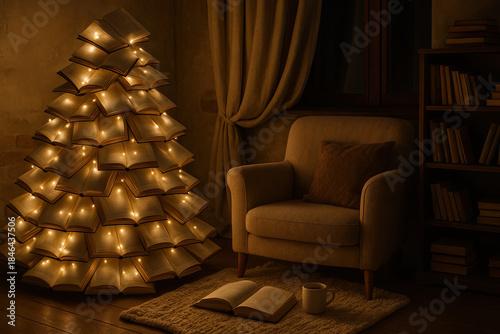 Cozy reading nook with book tree and warm lighting