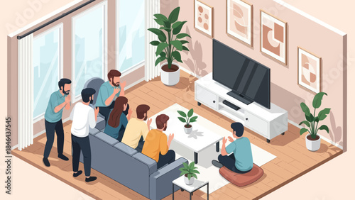 Group of friends watching television together in a living room.